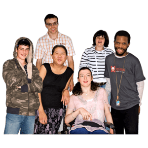 A group of 6 people of mixed ages, sexes, ethnicities and disabilities.