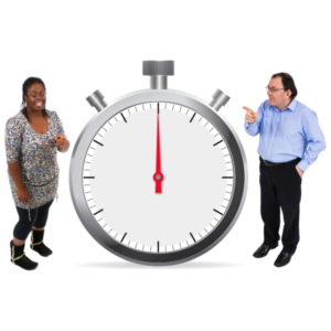 2 people standing either side of a large stopwatch