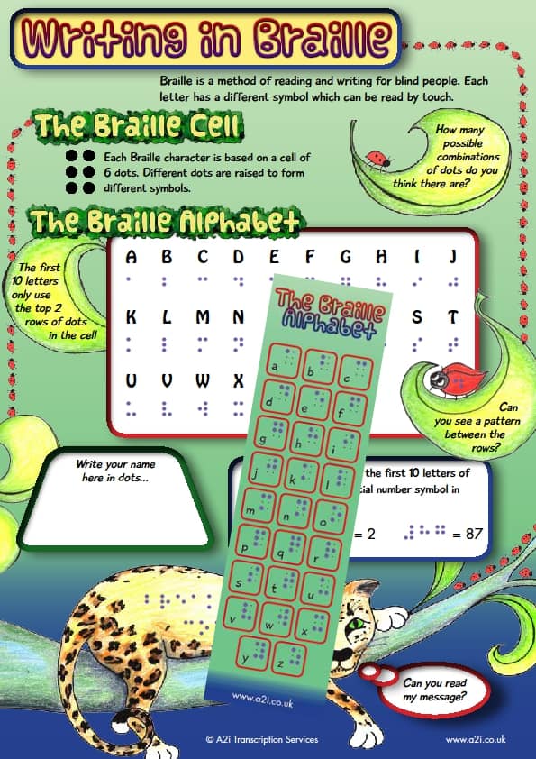 A2i's braille activity sheet & braille alphabet bookmark