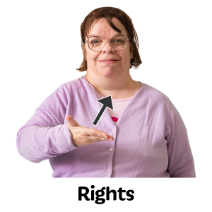 Lady signing the word 'Rights' in BSL