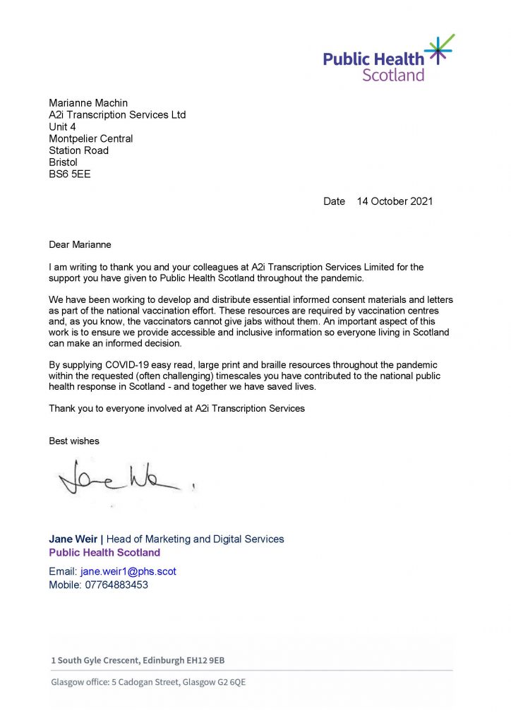 Thank You Letter from Public Health Scotland to A2i Transcription Services
