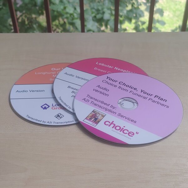 3 CD's with bands of colour to correspond with the corporate colours. Some CD's also show organisations logos and the front cover of the equivalent standard print version.