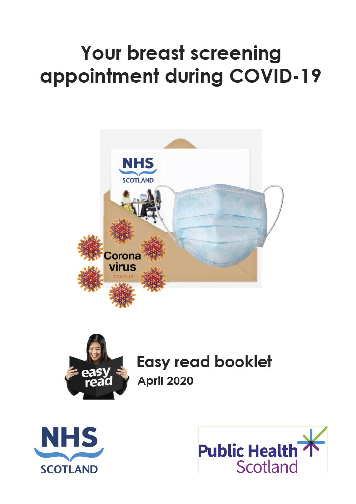 Cover on an Easy Read document for Public Health Scotland called 'Your breastscreening appointment during COVID-19'