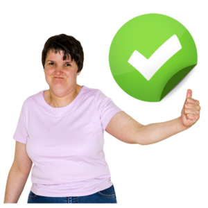 A woman doing a thumbs up, and a green circle with a white tick in it