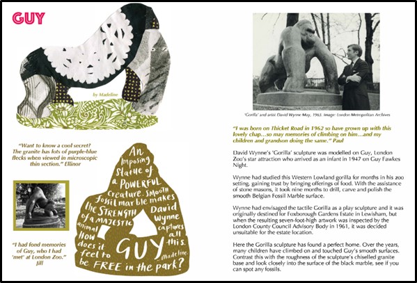 A page from the booklet, showing Guy the Gorilla statue and information about it. 