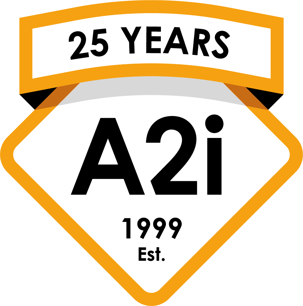 A2i logo, established 1999, 25 year anniversary