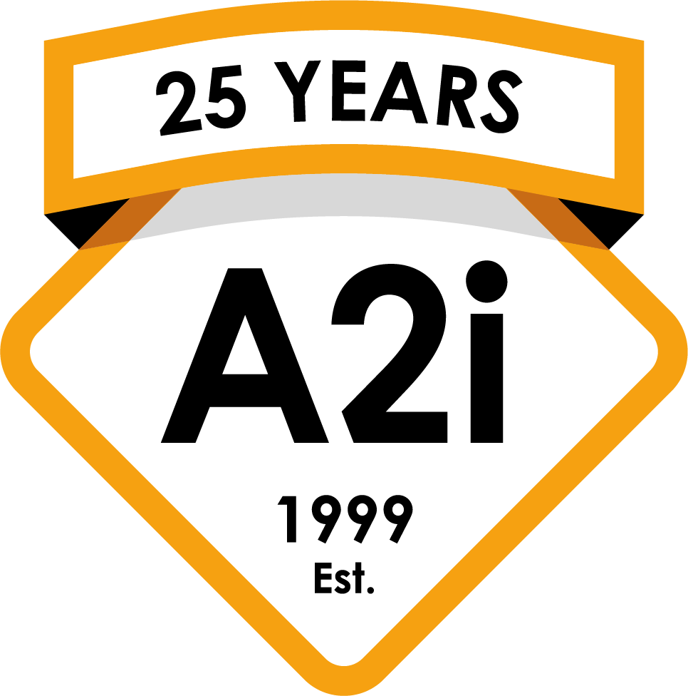 A2i logo, established 1999, 25 year anniversary