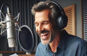 AI generated man reading a script in a recording studio