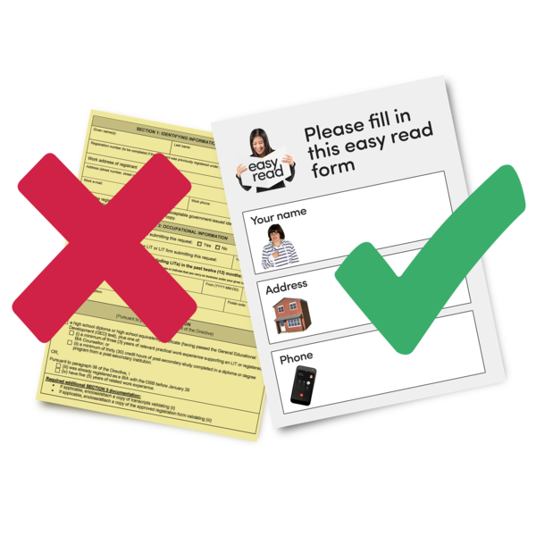 two documents - one original form with lots of information is crossed out with a red cross, the other one a more simple and visual version (Easy Read) has a green tick on it.