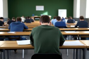 A student sits at a desk in a large classroom or exam hall, viewed from behind, with rows of other students writing papers ahead of them