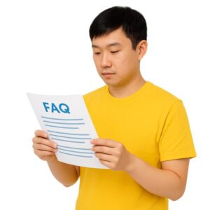 A person wearing a bright yellow shirt is holding and reading a sheet of paper titled “FAQ,” which features lines of text underneath the heading. The person is shown from the chest up against a plain white background.
