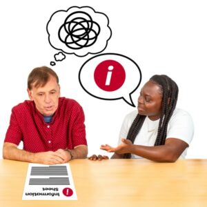 Two individuals sitting at a wooden table with an information sheet placed in front of them. Above them, illustrated thought bubbles appear: one contains a scribble, and the other contains a red circle with an information symbol. One person gestures with an open hand while speaking.