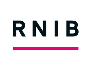 RNIB logo in black letters with a pink underline on a white background.